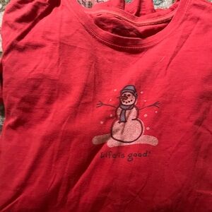 Life Is Good Red Short Sleeve Tee with Snowman Design